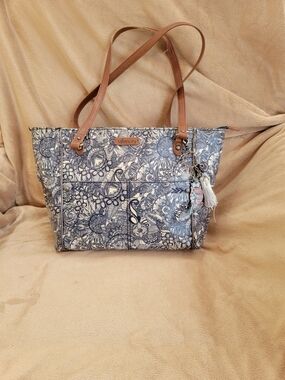 Sakroots Floral Print Tote Bag with Brown Straps - Blue/White
